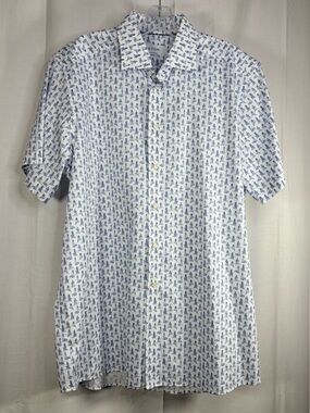 EUC ETON Mens Short-Sleeve Blue Lighthouse Patterned Button-Up Shirt Size 17